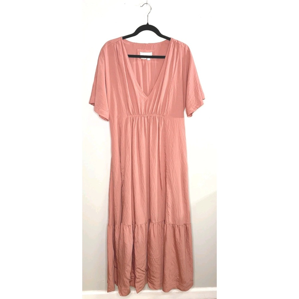 Anthropologie Womens Small Coral Crinkled Short Sleeve Tiered V-Neck Maxi Dress